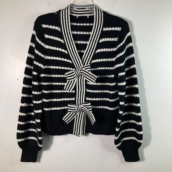 Womens Cato Striped V Neck Bow Button Cardigan S Acrylic Black White - Picture 1 of 9